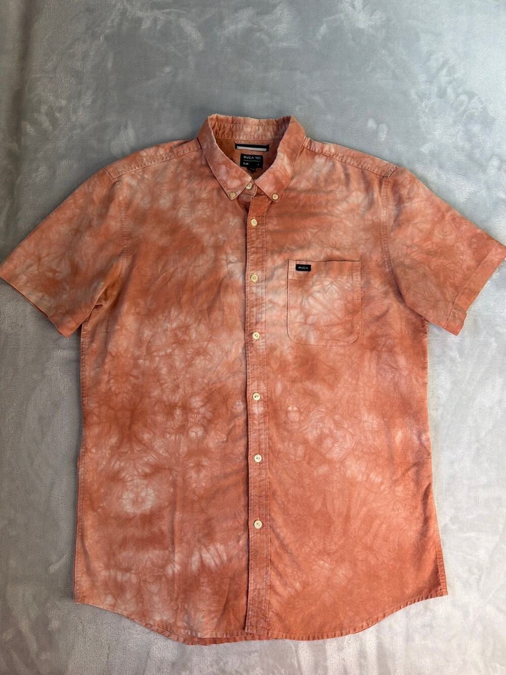RVCA Shirt Mens Large Slim Fit Peach Orange Tie Dye Short Sleeve Button Down L